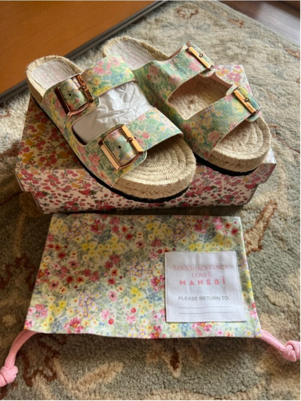 New Women's LoveShackFancy x Manebí Floral Espadrille Sandals 39/9 Green Pink